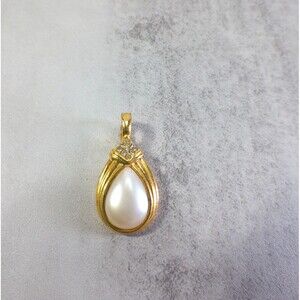 Vintage Pendant Charm Rhinston Tear Drop Faux Mabe Pearl Gold Tone Hinged Clasp